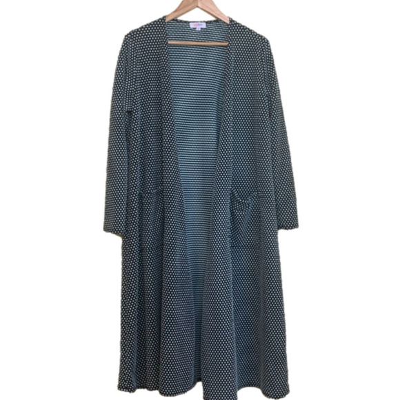 LuLaRoe | Sarah Mermaid Green PolkaDot Open Front Long Duster Cardigan Sweater M - Picture 1 of 14